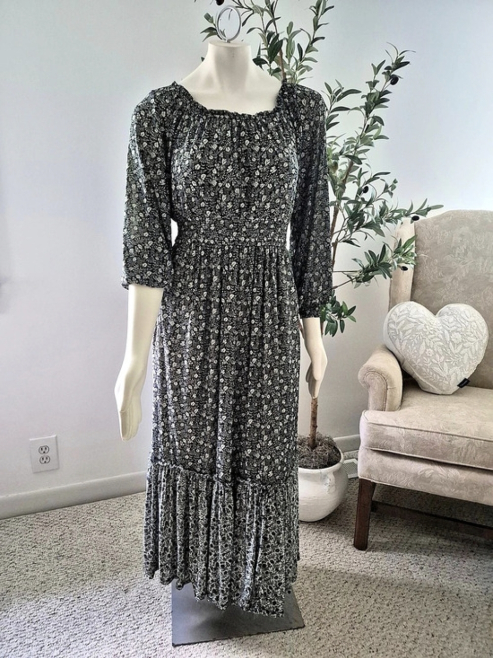 Knox Rose Womens XS Black White Floral Smocked Waist Tiered Maxi Dress Pockets